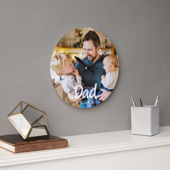 Dad Established Photo Black White Large Clock (Office)