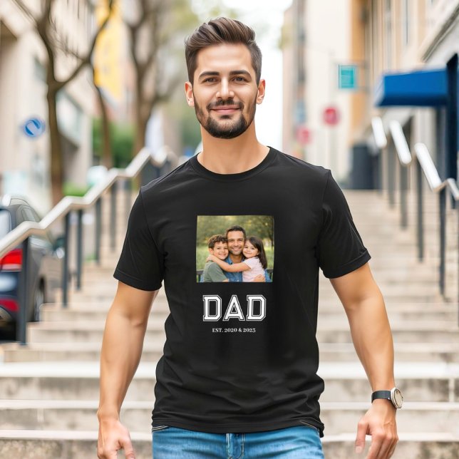 Dad Established Photo Modern Typography Black T-Shirt (Dad Established design with photo and white modern sports-style text. The perfect Father's day gift!)