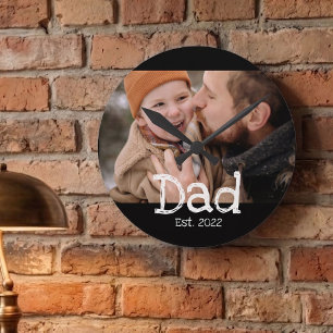 Dad Established Photo White Fun Bold Text Black Round Clock