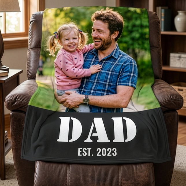 Dad Established Simple Bold White Text and Photo Fleece Blanket (Creator Uploaded)