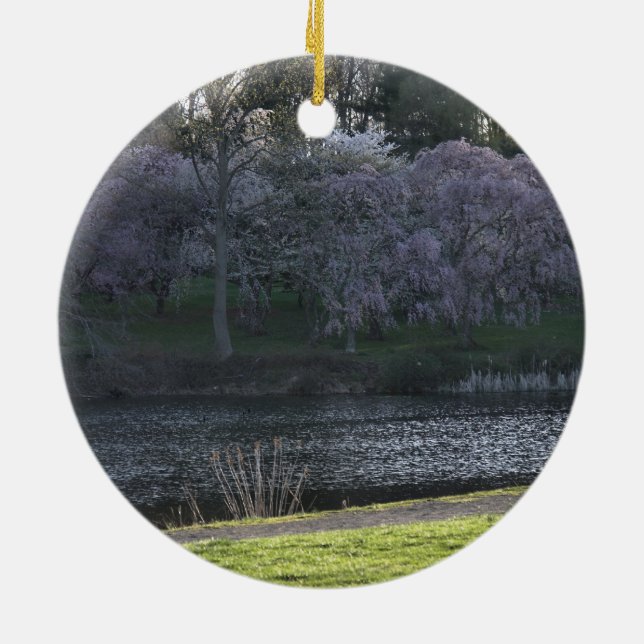 Dad Fishing Pond Park Pink Trees Reversible Ceramic Tree Decoration (Back)