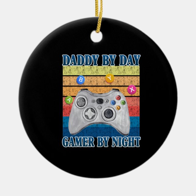 Dad Gift | Daddy By Day Gamer By Night Ceramic Tree Decoration (Front)