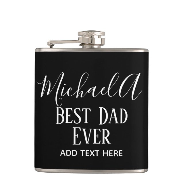DAD Gift Personalised Classic Black White Hip Flask (Front)