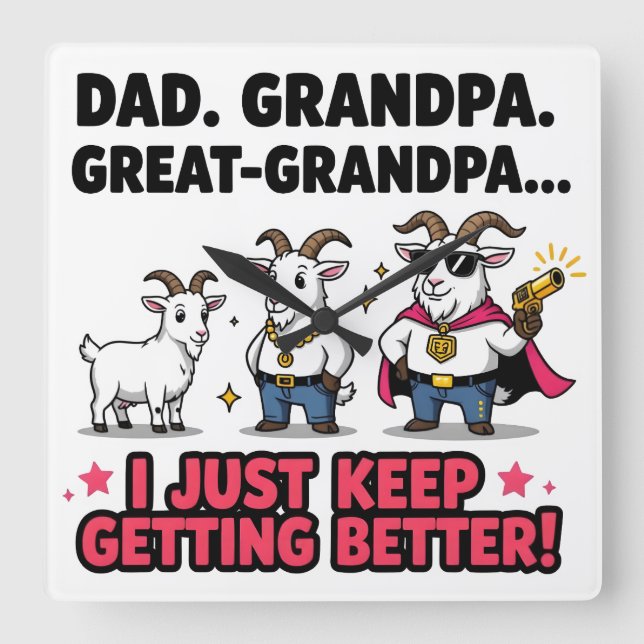 Dad Grandpa Great-Grandpa GOAT Evolution Gift Square Wall Clock (Front)