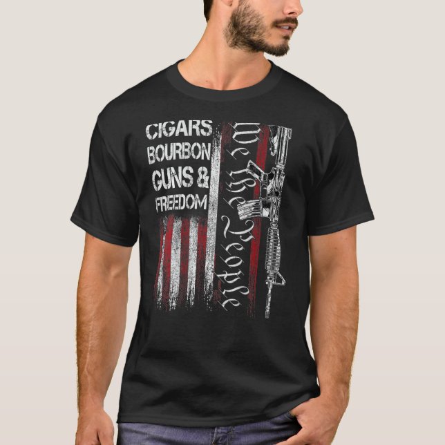 Dad Grandpa Us Flag Cigars Bourbon Guns Freedom (O T-Shirt (Front)