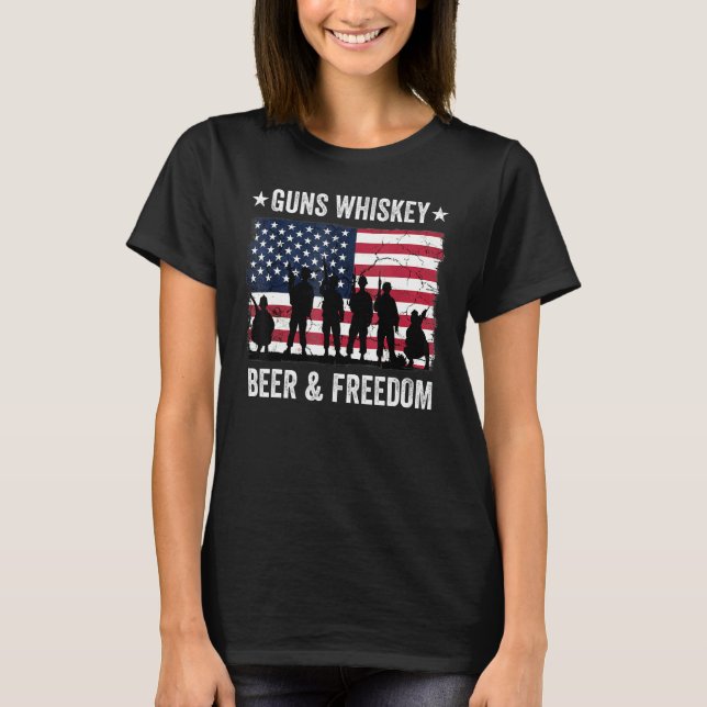 Dad Grandpa Veteran Us Flag Guns Whiskey Beer Free T-Shirt (Front)