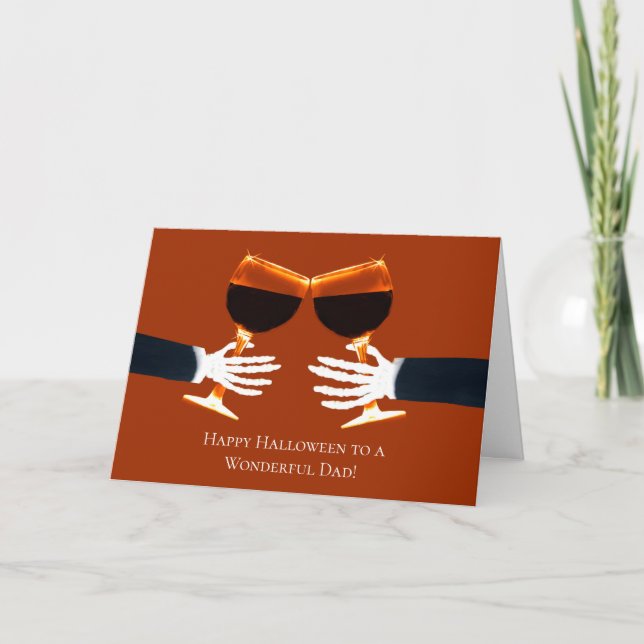 Dad Halloween with Toasting Wine Glasses Skeletons Holiday Card (Front)