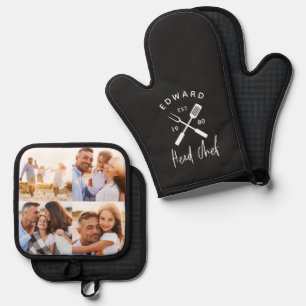 Dad head chef bbq grill 4 photo dusty blue 4 photo oven mitt & pot holder set