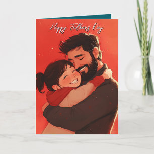 Dad hugging child red Folding fathers day card