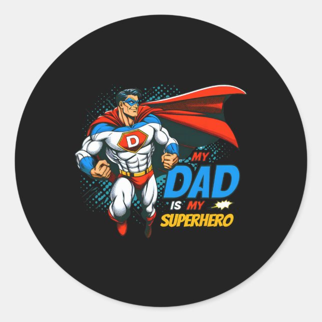 Dad Is My Superhero Kids Cool Father's Day Comic L Classic Round Sticker (Front)