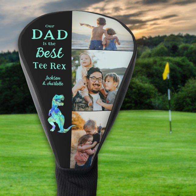 Dad is the Best Tee Rex 3 Photo Funny  Golf Head Cover (Our dad is the best tee Rex 3 photo collage funny dinosaur golfing joke golf head cover father gift)