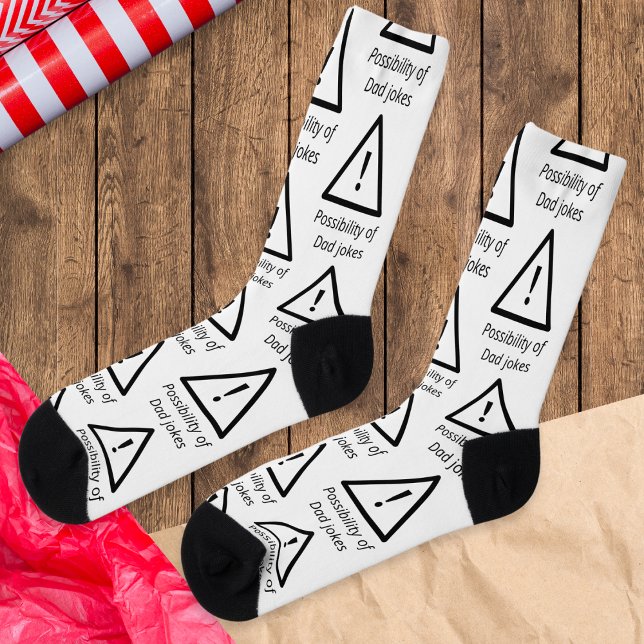 Dad Jokes Possibility Funny Novelty Humourous Humo Socks (These funny socks are patterned with warning triangles and the caption 'Possibility of Dad jokes')