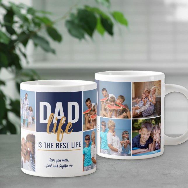 Dad Life is Best Life 8 Photo Blue Personalised Large Coffee Mug (Creator Uploaded)