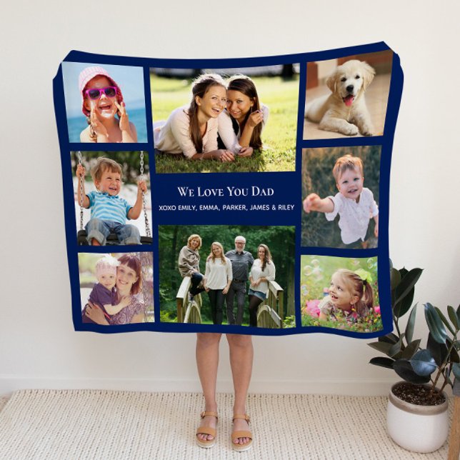 Dad Love You Photo Collage Blue Fleece Blanket (Creator Uploaded)