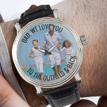 Dad Love You to the Outfield and Back Photo Watch<br><div class="desc">Personalised photo watch - perfect for a baseball dad - but you are welcome to customise the text as you wish. Upload your favourite photo and it will be displayed with a semi-opaque border overlay, as a base for the typography. The wording currently reads "Dad, we love you to the...</div>