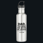 Dad Man Myth Legend Funny Quote Personalised 710 Ml Water Bottle<br><div class="desc">Add some humour to your dad's day and help keep him hydrated with this Dad Man Myth Legend Funny Quote Personalised stainless steel water bottle. It is designed with the phrase "dad the man the myth the legend" followed by "and sometimes grumpy" in bold black typography. Dad's name is below...</div>