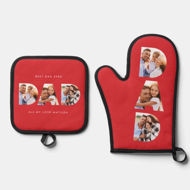 Dad multi photo modern typography red oven mitt & pot holder set (Front)