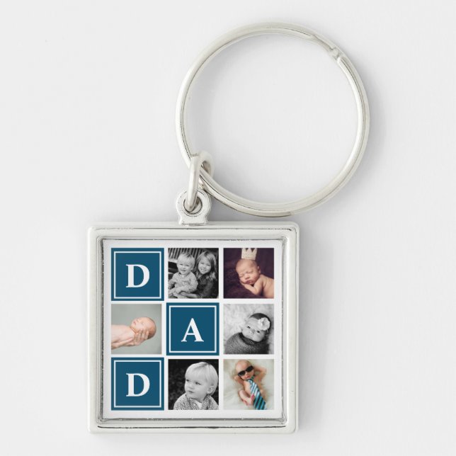 Dad Navy Blue Custom Photo Collage Key Ring (Front)