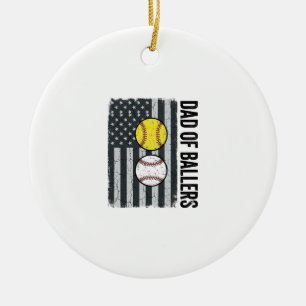 Dad of Ballers Softball Baseball Patriotic Ceramic Tree Decoration