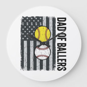 Dad of Ballers Softball Baseball Patriotic Large Clock