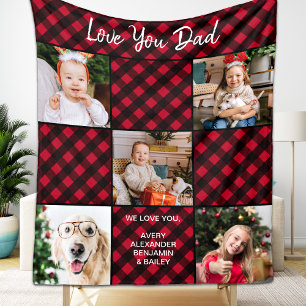 Dad Personalised Red Buffalo Plaid 5 Photo Collage Fleece Blanket