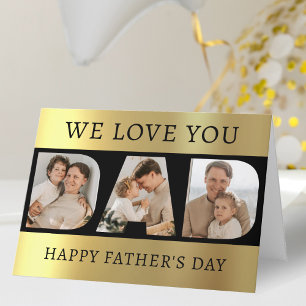 Dad Photo Collage Black & Gold Father's Day Thank You Card