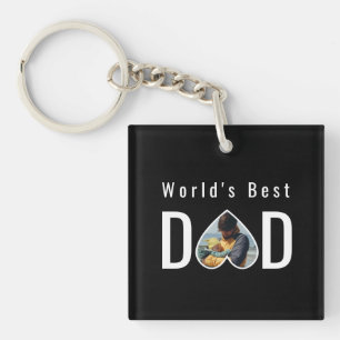 Dad Photo in Black Heart Frame Modern Text Key Ring