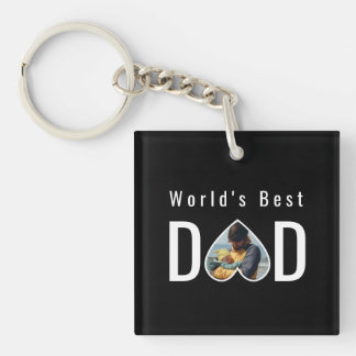 Dad Photo in Black Heart Frame Modern Text Key Ring