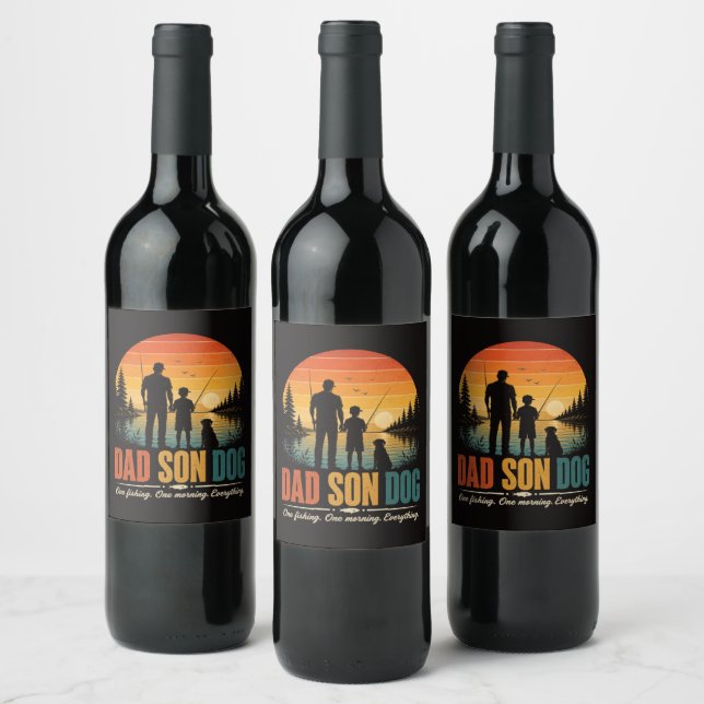 Dad Son Dog Fishing Morning Wine Label (Bottles)