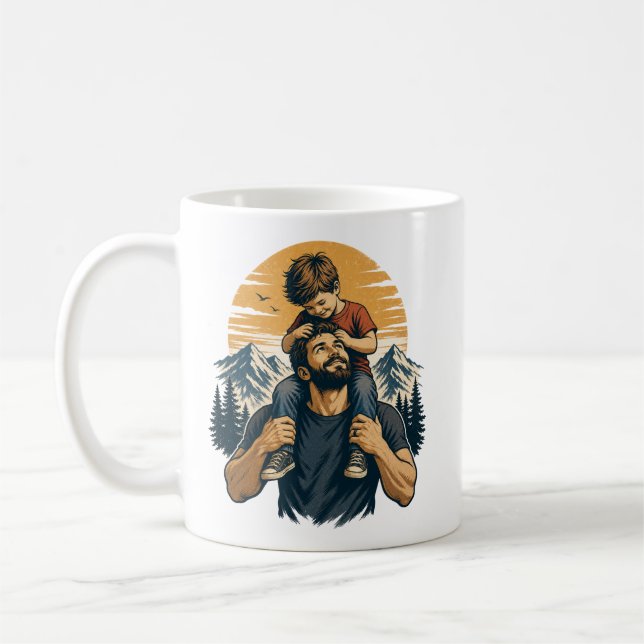 Dad & Son Mountain Adventure Vintage Illustration Coffee Mug (Left)