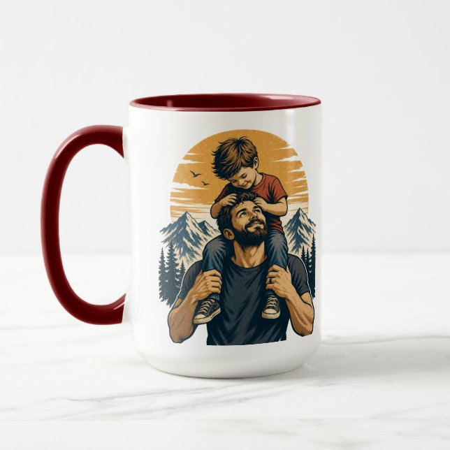 Dad & Son Mountain Adventure Vintage Illustration Mug (Left)