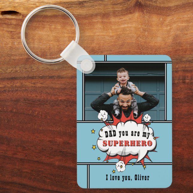 Dad Superhero Comic Speech Bubble Photo Key Ring (Front)