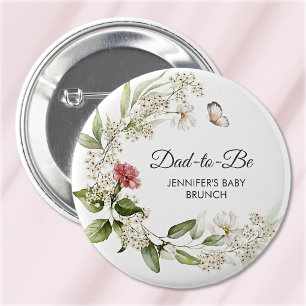 Dad-to-Be White Florals Pink Baby Shower/Brunch 6 Cm Round Badge