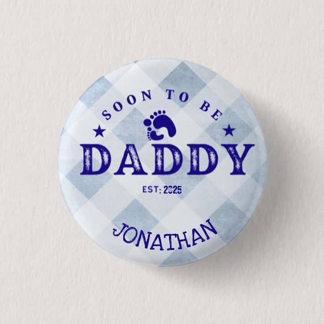 Dad to Be Year Name Blue Plaid 3 Cm Round Badge (Front)