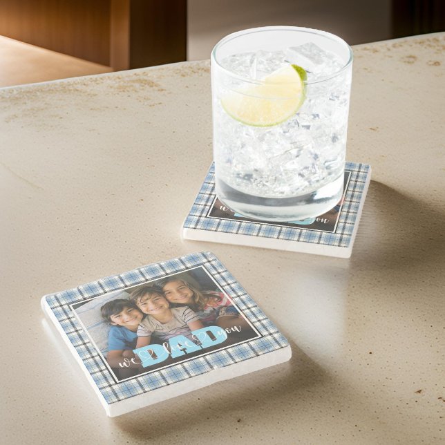 Dad We Love You Blue Plaid Custom Photo Stone Coaster (Creator Uploaded)
