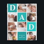 Dad We Love You | Modern 8 Photo Colour Block Fleece Blanket<br><div class="desc">Customise this unique blanket with 8 square photos arranged in a grid collage layout. Featuring "Dad" going diagonal on ombre teal squares and additional square on the bottom for a custom message. Keep "we love you" as is or change to your custom endearment. All colours can be changed. These are...</div>