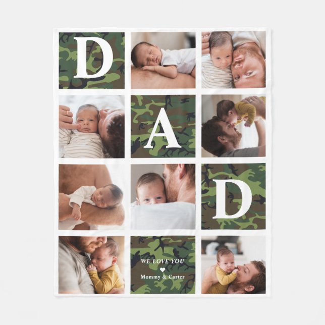 Dad We Love You | Modern 8 Photo Green Camo Fleece Blanket (Front)
