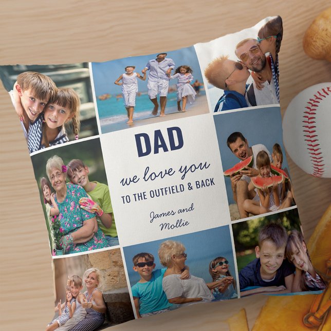 Dad We Love You to Outfield and Back 8 Photo Blue Cushion (Creator Uploaded)