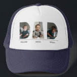Dad with custom 3 kids photo and name trucker hat<br><div class="desc">What a unique and personalised gift! A custom trucker hat with a photo of you and your three kids, along with their names, would make a thoughtful and one-of-a-kind accessory for any dad. It's a great way to showcase your love and pride for your family, and the hat's casual design...</div>