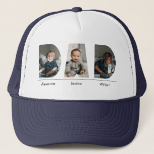 Dad with custom 3 kids photo and name trucker hat