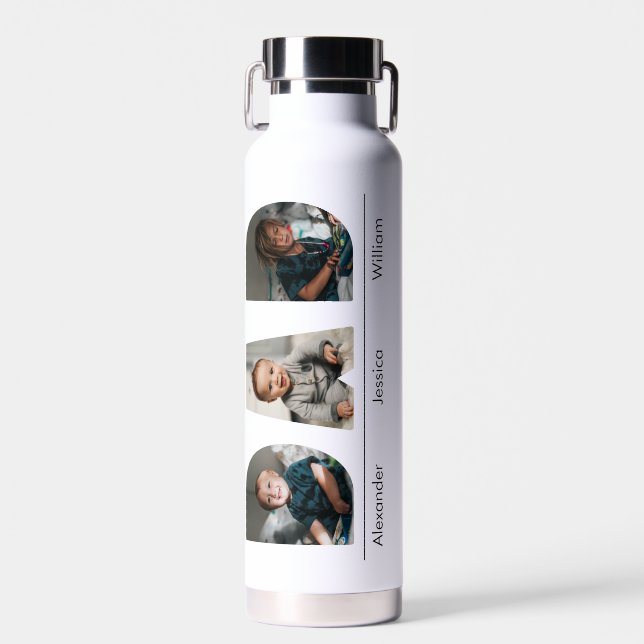 Dad with custom 3 kids photo and name water bottle (Front)