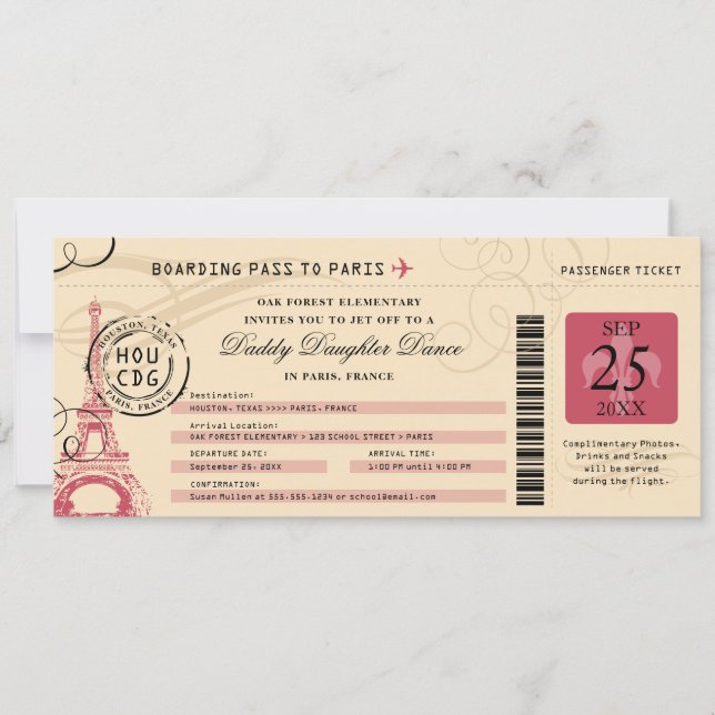 Daddy Daughter Dance Paris France Boarding Pass Invitation (Front)