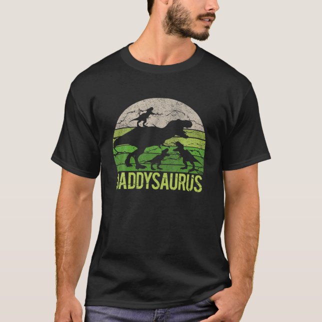 Daddy Dinosaur Daddysaurus 3 Three Kid Gift Dad Ch T-Shirt (Front)