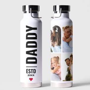 Daddy Established   Custom Date 4 Photo Collage Water Bottle
