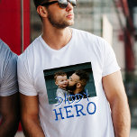 Daddy Hero Dad and Kid Custom Photo  T-Shirt<br><div class="desc">Daddy Hero Dad and Kid Custom Photo T-Shirt. Text is in blue simple hand-drawn fonts. Add your photo. You can change daddy into dad,  papa,  pap, ...  Great gift for a father for Father's day,  birthday or Christmas.</div>