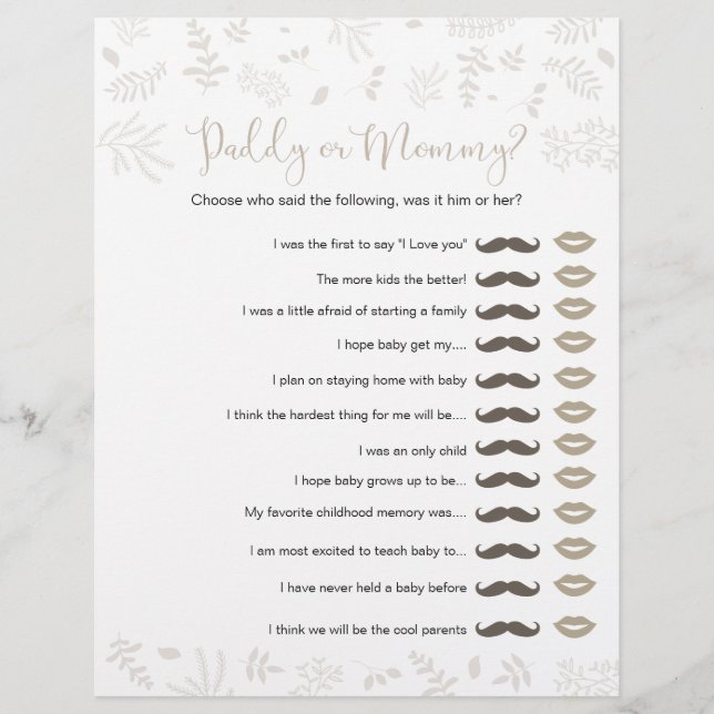 Daddy or Mummy Forest Leaves Baby Shower Game (Front)