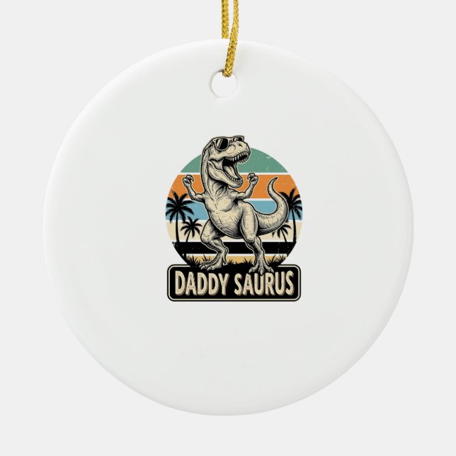 Daddy Saurus Retro Dinosaur Sunset Shirt Design_1 Ceramic Tree Decoration (Front)
