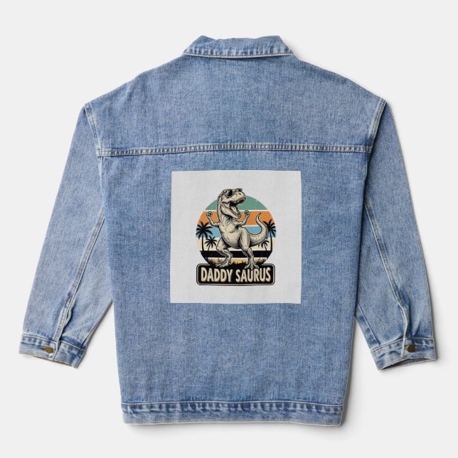 Daddy Saurus Retro Dinosaur Sunset Shirt Design_1 Denim Jacket (Back)