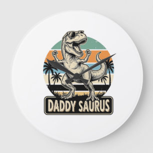 Daddy Saurus Retro Dinosaur Sunset Shirt Design_1 Large Clock