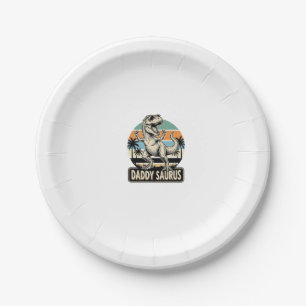 Daddy Saurus Retro Dinosaur Sunset Shirt Design_1 Paper Plate